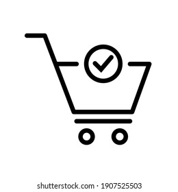 Shopping cart and check mark icon. Simple line style for web and app. Trolley symbol on white background. Vector Illustration. EPS10