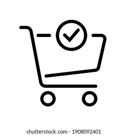 Shopping cart and check mark icon. Simple line style for web and app. Trolley symbol on white background. Vector Illustration. EPS10