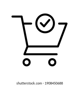 Shopping cart and check mark icon. Simple line style for web and app. Trolley symbol on white background. Vector Illustration. EPS10