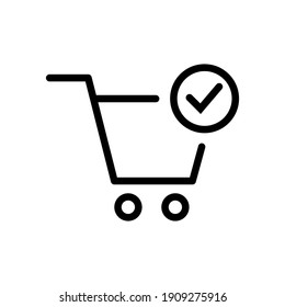 Shopping cart and check mark icon. Simple line style for web and app. Trolley symbol on white background. Vector Illustration. EPS10