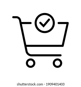 Shopping cart and check mark icon. Simple line style for web and app. Trolley symbol on white background. Vector Illustration. EPS10