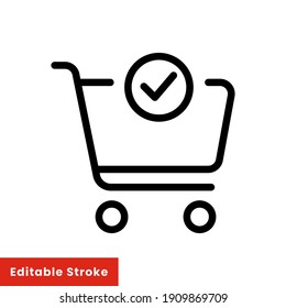 Shopping cart and check mark icon. Simple line style for web and app. Trolley symbol on white background. Vector Illustration. Editable stroke EPS10