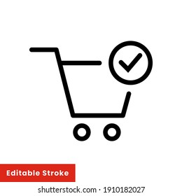 Shopping cart and check mark icon. Simple line style for web and app. Trolley symbol on white background. Vector Illustration. Editable stroke EPS10