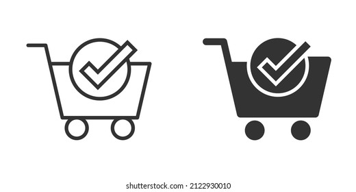 Shopping cart check mark icon in flat style. Buy approval vector illustration on white isolated background. Confirm business concept.