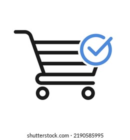 Shopping Cart and Check Mark icon. Blue tick vector illustration
