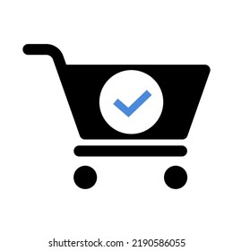 Shopping Cart and Check Mark icon. Blue tick vector illustration