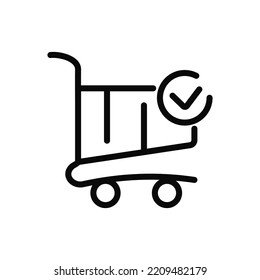 Shopping cart with check mark icon. Shopping and retail with confirmation of adding goods to cart and fast vector delivery