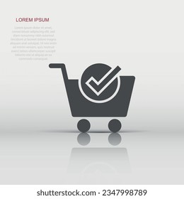 Shopping cart check mark icon in flat style. Buy approval vector illustration on white isolated background. Confirm business concept.