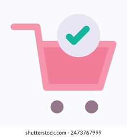 Shopping Cart And Check Mark Icon. Trolley Symbol, Flat Style Isolated Vector Icon.