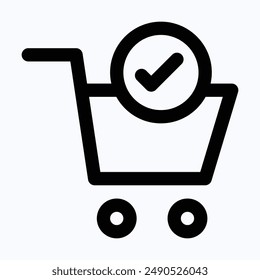 Shopping Cart And Check Mark Icon. Trolley Symbol Vector Icon. Isolated Lineal Vector Icon.