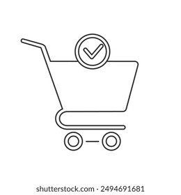 Shopping cart and check mark icon vector completed order, confirm flat sign symbols logo illustration isolated on white background black color. Concept design art for business and online Marketing