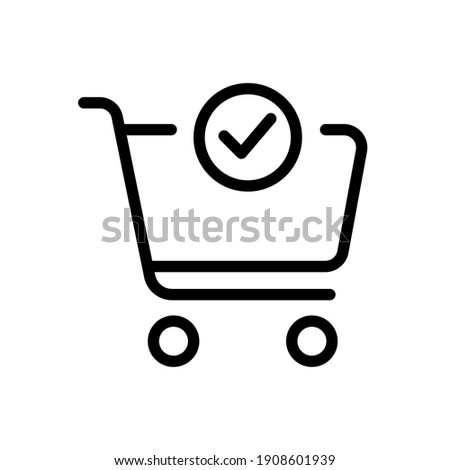 Shopping cart and check mark icon. Simple line style for web and app. Trolley symbol on white background. Vector Illustration. EPS10