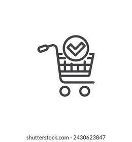 Shopping cart with check mark line icon. linear style sign for mobile concept and web design. Checkout counters and registers outline vector icon. Symbol, logo illustration. Vector graphics
