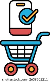 A shopping cart with a check mark on it. The cart is blue and red