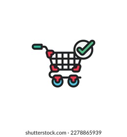 Shopping cart with check mark, online shopping filled outline icons. Vector illustration. Isolated icon suitable for web, infographics, interface and apps.