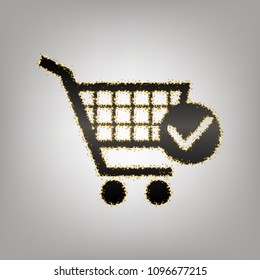 Shopping Cart with Check Mark sign. Vector. Blackish icon with golden stars at grayish background.