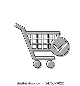 Shopping Cart with Check Mark sign. Black line icon with gray shifted flat filled icon on white background. Illustration.