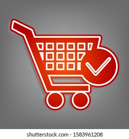 Shopping Cart with Check Mark sign. Flat red icon with linear white icon with gray shadow at grayish background. Illustration.
