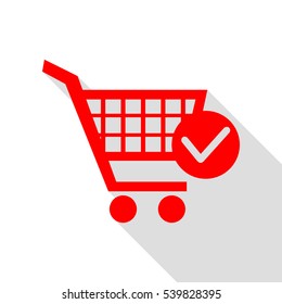 Shopping Cart with Check Mark sign. Red icon with flat style shadow path.