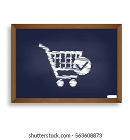 Shopping Cart with Check Mark sign. White chalk icon on blue school board with shadow as background. Isolated.