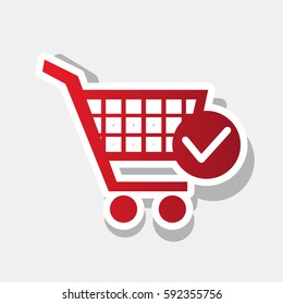 Shopping Cart with Check Mark sign. Vector. New year reddish icon with outside stroke and gray shadow on light gray background.