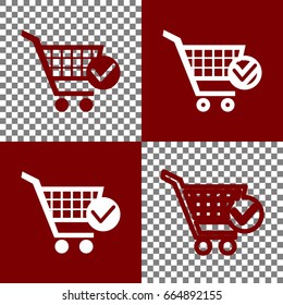 Shopping Cart with Check Mark sign. Vector. Bordo and white icons and line icons on chess board with transparent background.