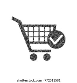 Shopping Cart with Check Mark sign. Vector. Black icon from many ovelapping circles with random opacity on white background. Noisy. Isolated.