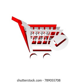 Shopping Cart with Check Mark sign. Vector. Detachable paper icon with red body stock. Isolated.