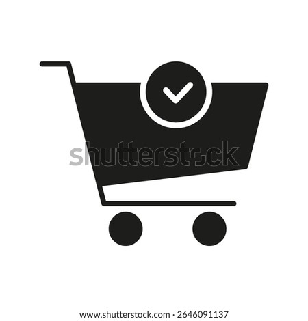 Shopping Cart With Check Mark Solid Icon. Successful Purchase, Order Completion, And E-Commerce Transaction Silhouette Symbol. Retail And Consumer Experience. Isolated Vector Illustration.