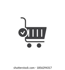 Carro de compra y marca de verificación icono vector. El pedido completo llenó el signo plano para el concepto móvil y el diseño web. Añadir al icono de glifo de canasta. Símbolo, ilustración del logotipo. Gráficos vectoriales