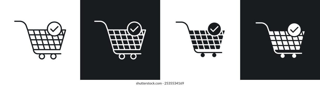 Shopping cart and check mark vector icon set in black and white. EPS 10 illustration