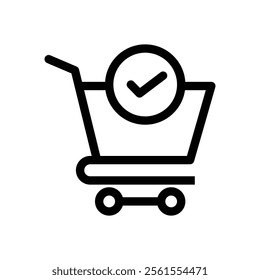 Shopping cart and check mark vector icon complete order, confirmation symbol sign flat logo illustration isolated on background