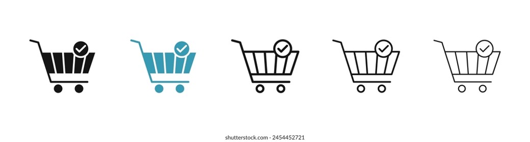 Shopping cart check vector icon set. order placed line icon. purchase confirm button. buy basket with tick icon for Ui designs.