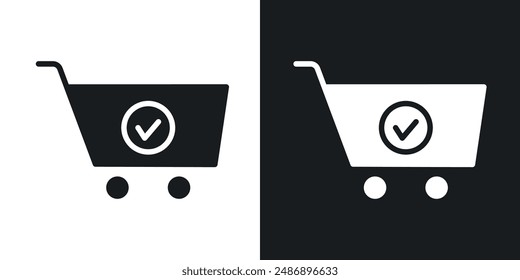 Shopping cart check vector icon set in solid black and white color