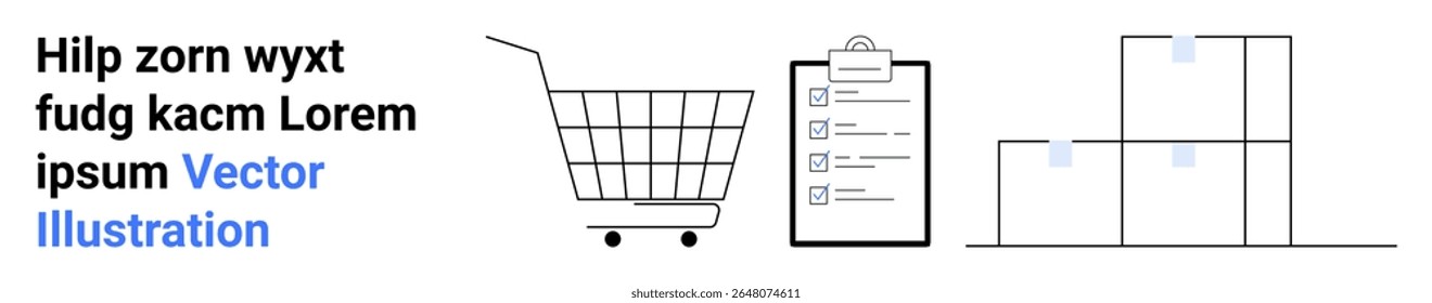 Shopping cart, checklist on clipboard, and stacked boxes. Ideal for e-commerce, inventory management, logistics, warehousing, order processing, supply chain, online shopping. Banner for landing page