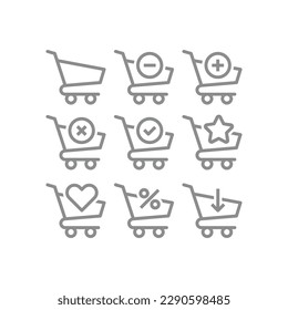 Shopping cart with checkmark, arrows line icon set. Add to cart with star and heart, plus and minus sign outlined icons.