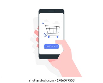 Shopping Cart And Checkout Button On Mobile Screen With Hand Holding Mobile Phone. Online Shopping Concept Illustration.