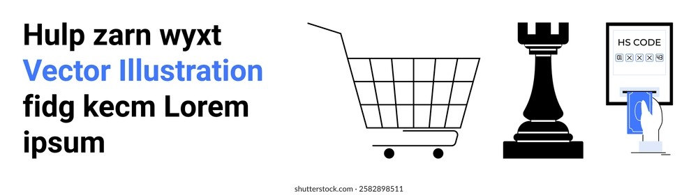 Shopping cart, chess rook, and a digital code pad. Ideal for e-commerce, strategy, technology, digital security, and commerce themes. Banner for landing page