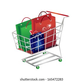 Shopping cart with Christmas paper bags. Vector illustration.