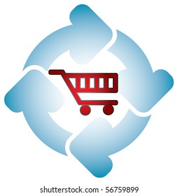Shopping cart with circle arrows - abstract graphic icon for commerce