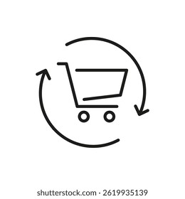 Shopping Cart With Circular Arrow Line Icon. E-Commerce, Online Shopping, And Return Policy Outline Symbol. Retail And Consumer Goods. Editable Stroke. Isolated Vector Illustration.