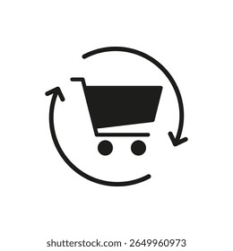 Carrinho De Compras Com Setas Circulares Ícone Sólido. Símbolo De Silhueta De Processo De Comércio Eletrônico, Varejo E Devolução De Compra. Mercado Online E Exchange. Ilustração de vetor isolada.