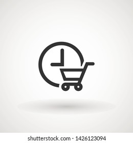 Shopping cart with clock. Commerce icon with clock sign. countdown, deadline, schedule, planning symbol. Vector illustration. time for shopping.