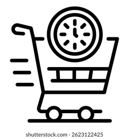 Shopping cart and clock icon. Outline shopping cart and clock vector icon for web design isolated on white background