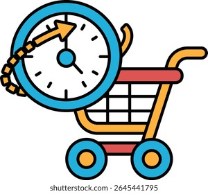 Um carrinho de compras com um relógio nele. O relógio está mostrando o horário como 10:00