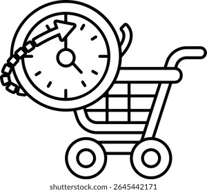 Um carrinho de compras com um relógio nele. O relógio está mostrando o horário como 10:00