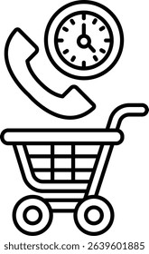 A shopping cart with a clock on it and a phone on top. The clock is showing the time as 10:00
