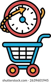A shopping cart with a clock on it that is showing the time as 10:00. The cart is moving forward, indicating that time is passing and the shopping experience is ongoing