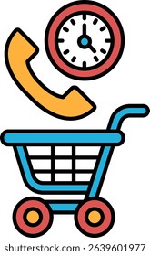 A shopping cart with a clock and a phone on top of it. The clock is showing the time as 10:00