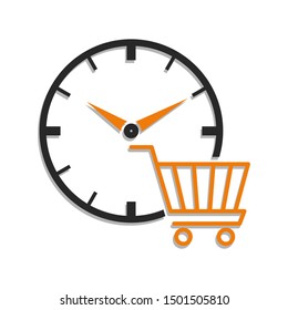 Shopping cart with clock. Time for shopping concept. 